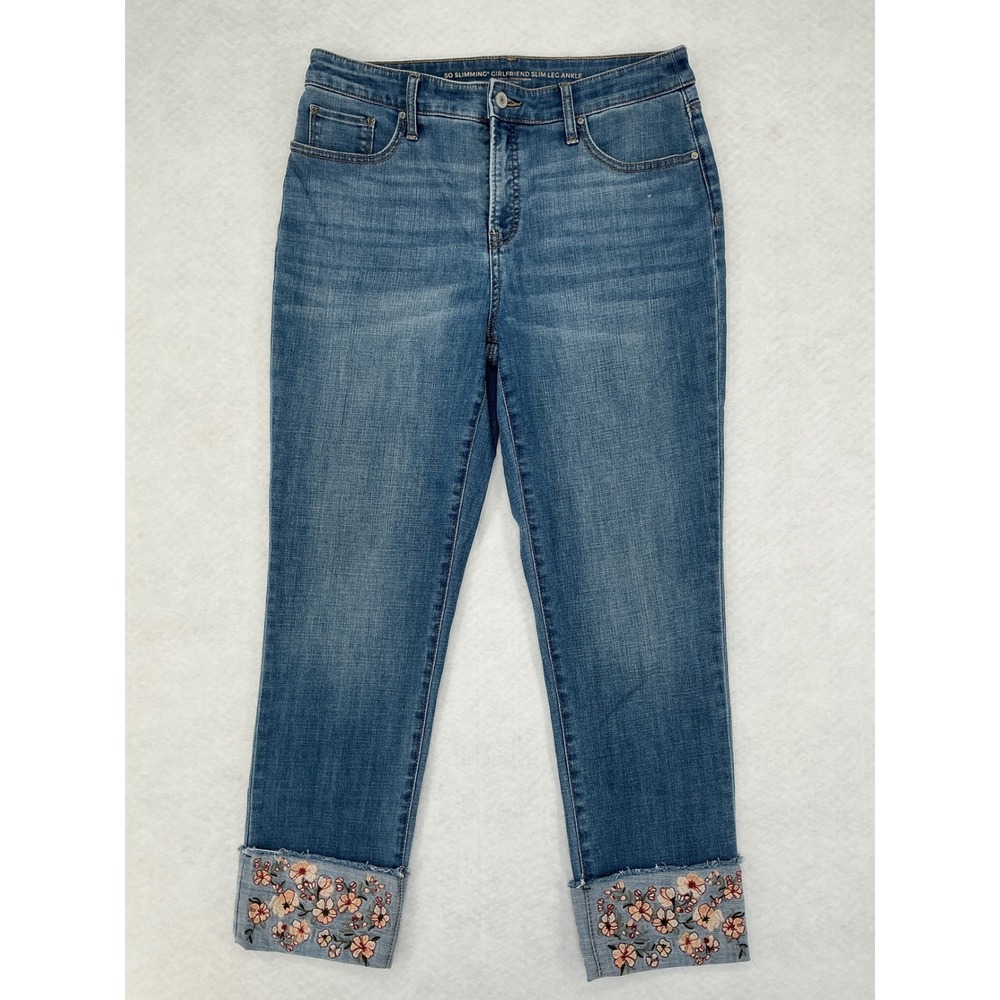 Chico's Girlfriend Ankle Jeans Women 1 Blue So Slimming Floral Embroidered Cuff - Picture 2 of 11